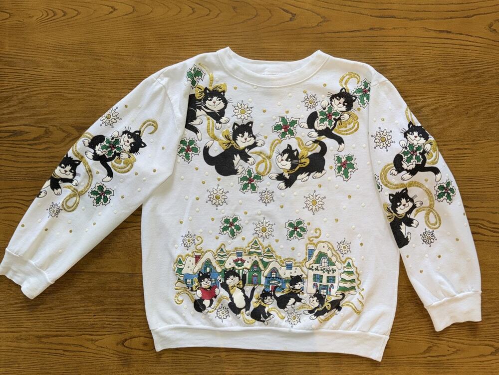 Vintage Christmas Cats Holly Glitter Gold Crewneck Sweatshirt Sz L 90s Holiday
